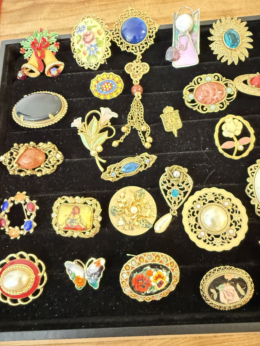 Brooch Tray 4 Cocktail Hour Show on 4/26 includes a Weiss Christmas Bells Brooch